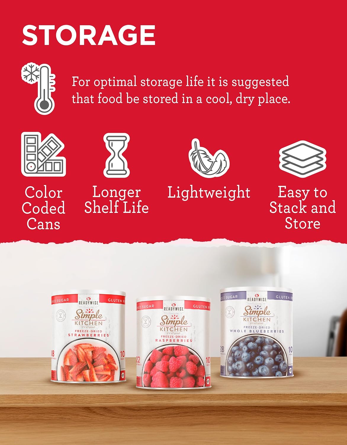 ReadyWise Simple Kitchen Freeze-Dried Fruits Bundle - Strawberries (18 Servings), Raspberries (22 Servings), Blueberries (28 Servings), MRE, Emergency Food Supply, Canned Fruits, Vegan, Gluten Free,