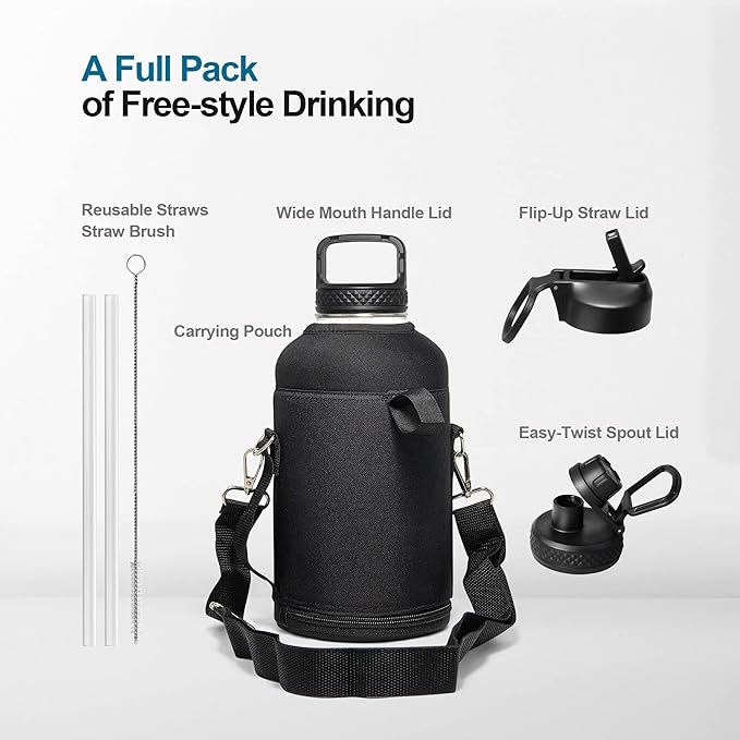 Coolflask 64 oz Water Bottle Insulated with Straw&3 Lids, Half Gallon Water Jug Galaxy Large Metal Stainless Steel Vacuum Flask for Gym, Sports and Travel, Keep Cold 48H Hot 24H,Turquoise