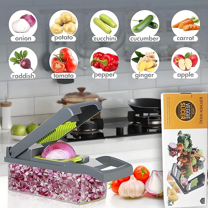 16-in-1 Vegetable Chopper & Slicer | Stainless Steel Mandoline Cutter with Onion Dicer, Grater, Spiralizer, Julienne Blades | Multifunctional & Manual Kitchen Tool I Lightweight & Easy To Use