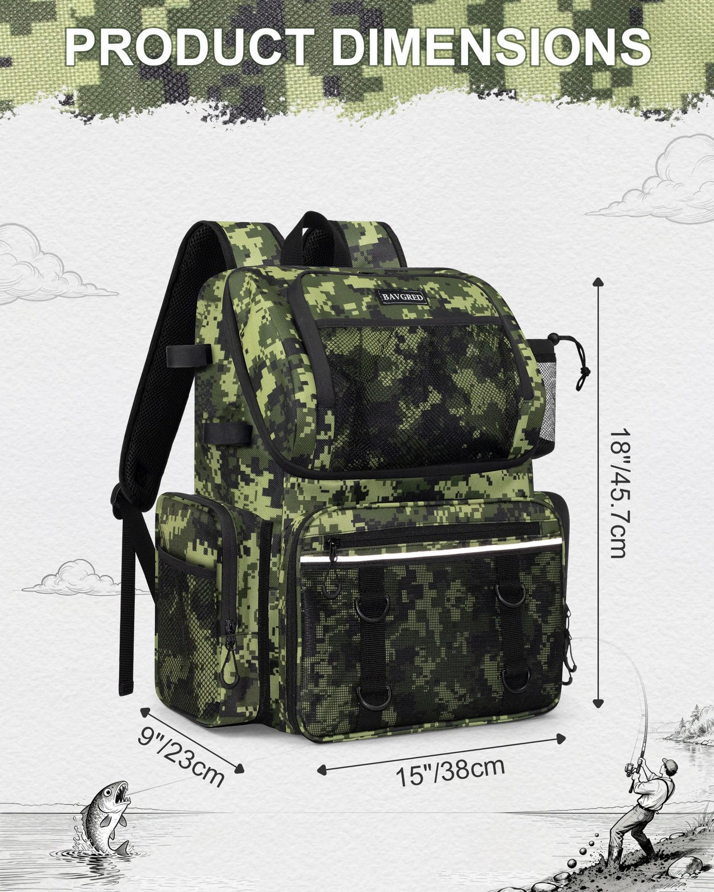 BAVGRED Fishing Backpack, Large Water Resistant Tackle Bag Storage Fishing Gear and Equipment, Built-in Cooler Compartment Grey