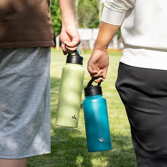 Insulated Water Bottle 24oz Stainless Steel Sport Bottles with 3 Lids,Macaron Green