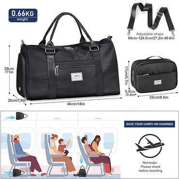 FIORETTO Womens Gym Tote Duffle Bag with Toiletry Bag, Sports Duffel Overnight Hospital Workout Carry on Bag for Girls with Wet Pocket & Shoe Compartment, Ideal for Travel, Swimming, Dance Black