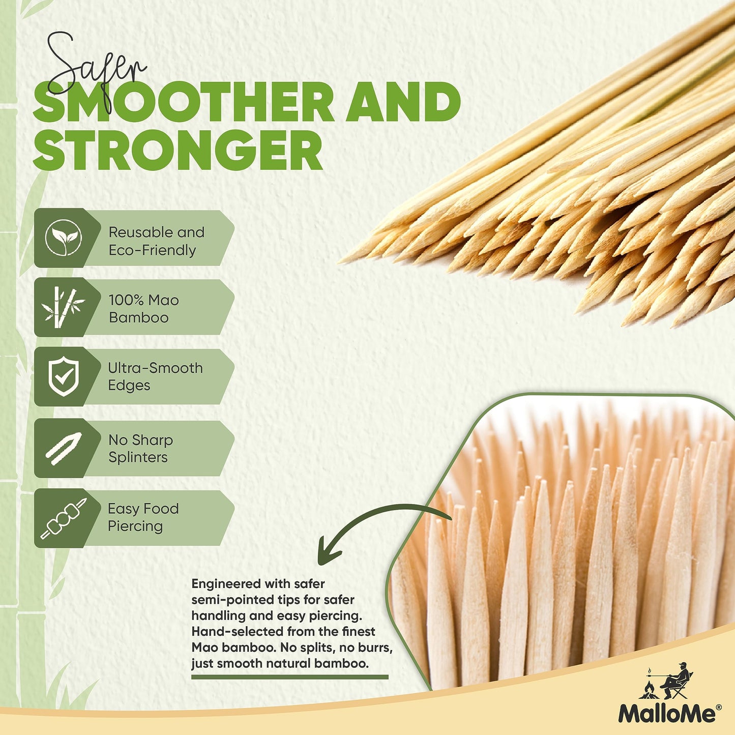 MalloMe XL Bamboo Skewers 6 Inch 100 pcs - 4mm Thick Bamboo Sticks - Heavy Duty Wooden Shish Kabob Skewers for Grilling - for Kebab BBQ Grill Hot Dog, Candy Apple Smores Sticks Wood Skewer Appetizers