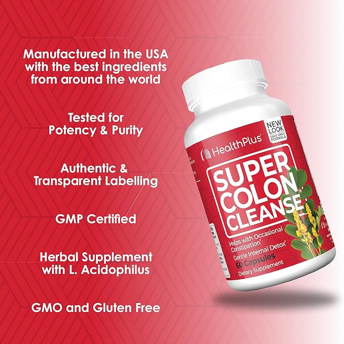 Health Plus Super Colon Cleanse 120 Day Supply of Gentle Gut Cleanse Detox, Psyllium Husk, Probiotics for Constipation Relief & Digestive Support, 480 Capsules