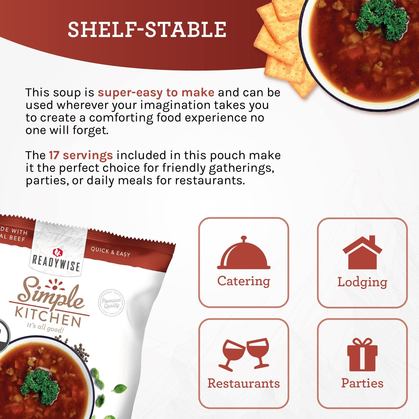 READYWISE - Simple Kitchen, Tomato Basil Soup, 17 Servings, MRE, Gluten Free, & Vegetarian, Food, Soup Mix, for Events, Hiking, Emergency Food Supply, Camping Essentials, or Daily Use, 1 Pack