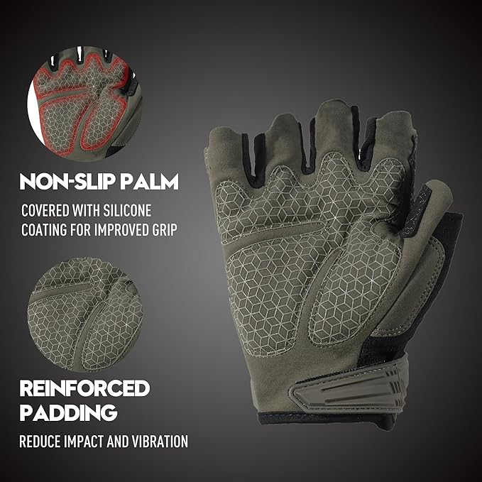 HANDLANDY Tactical Fingerless Impact Gloves for Men, Padded Grip Half Finger Work Gloves, Utility Trucker Driver Gloves (Army Green, Large (Pack of 1))
