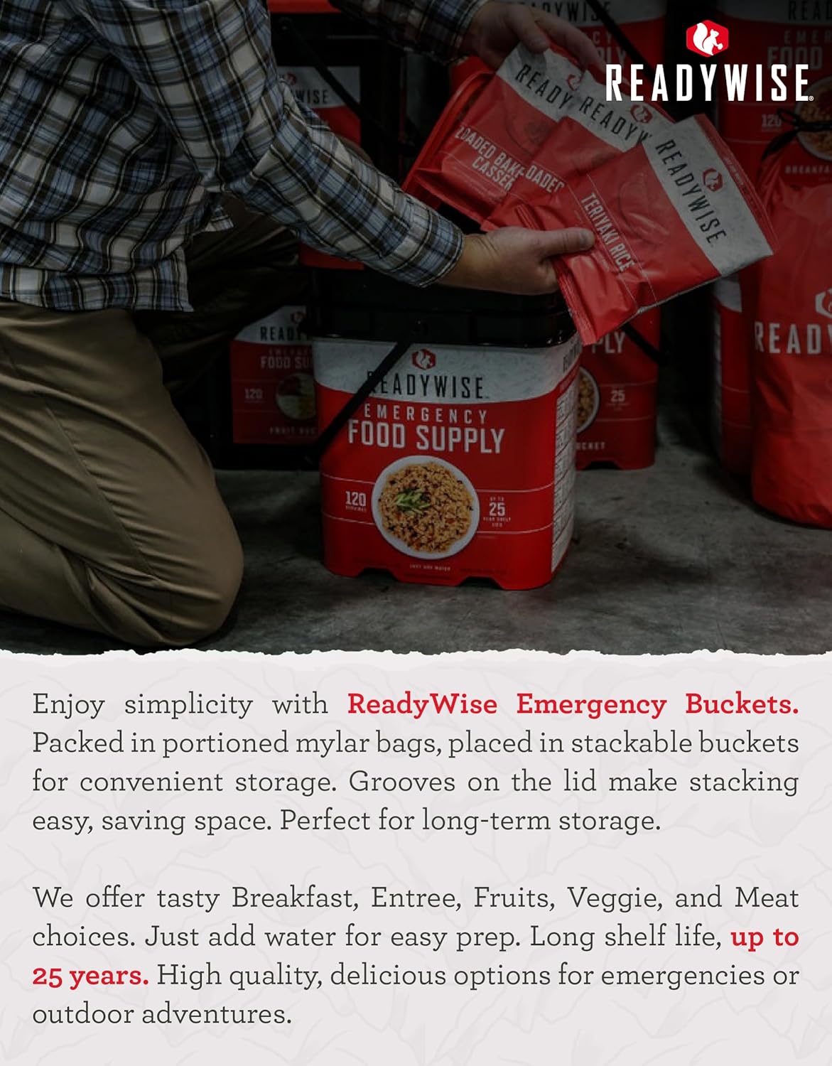 ReadyWise Emergency Food Supply - 1440 Servings Breakfast & Entrée Buckets, Protein Meals & Freeze Dried Bulk Food, Survival Kit for Backpacking & Camping Essentials, up to 25 Year Shelf Life
