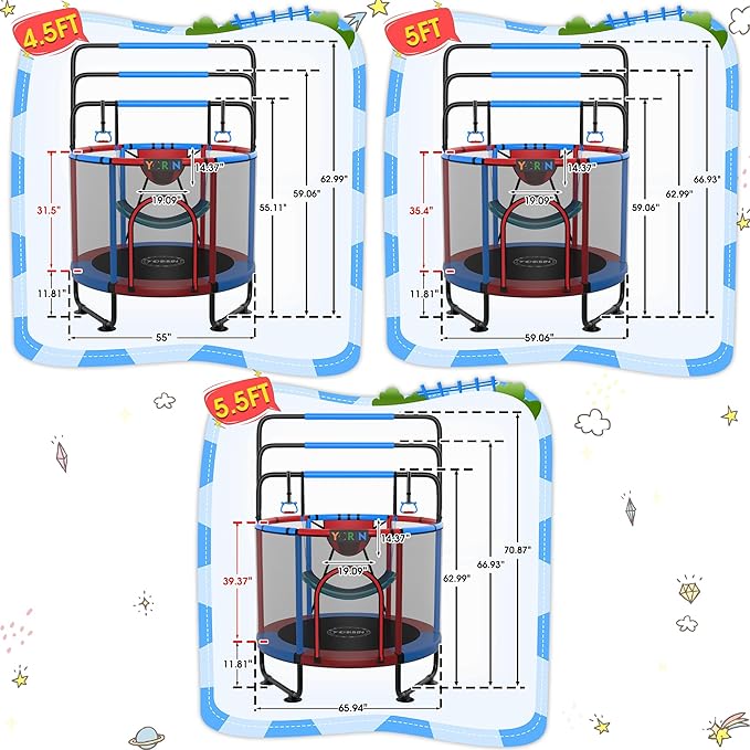YORIN Trampoline for Kids 66'' 60'' 55'' Toddler Mini Small Trampoline Outdoor Indoor Trampoline W Basketball Hoop, Swing, Adjustable Gymnastics Bar, Gift for Baby, Toddlers & Kids