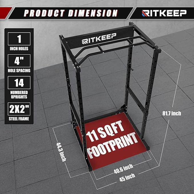 RitKeep Power Rack RMAX 2250 Multi-Function Power Cage for Strength Training - 1200lb Capacity Squat Rack with Multi-Grip Pull-Up Bar, Safety Bars, and J-Hook for Home Gym