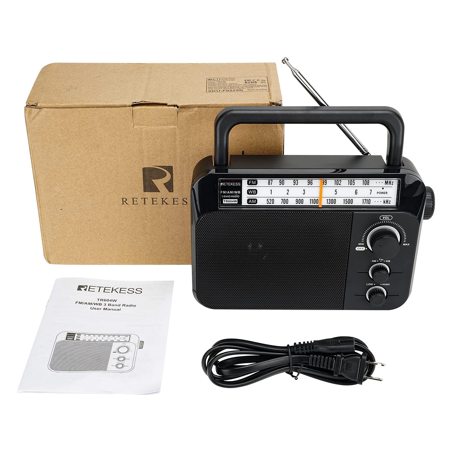 Retekess TR604 AM FM Radio,Portable Radio Plug in Wall,D Battery Operated,Large Dial,High/Low Tone Mode,Big Speaker,Earphone Jack,for Home,Picnic,Senior
