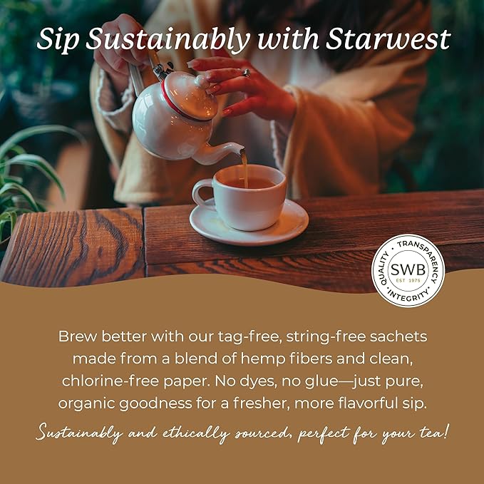 Starwest Botanicals Organic Ashwagandha Tea - Caffeine Free Herbal Tea, String Free Sachets, USDA Organic Ashwagandha Root, Non GMO - Bulk Pack, 100 Tea Bags