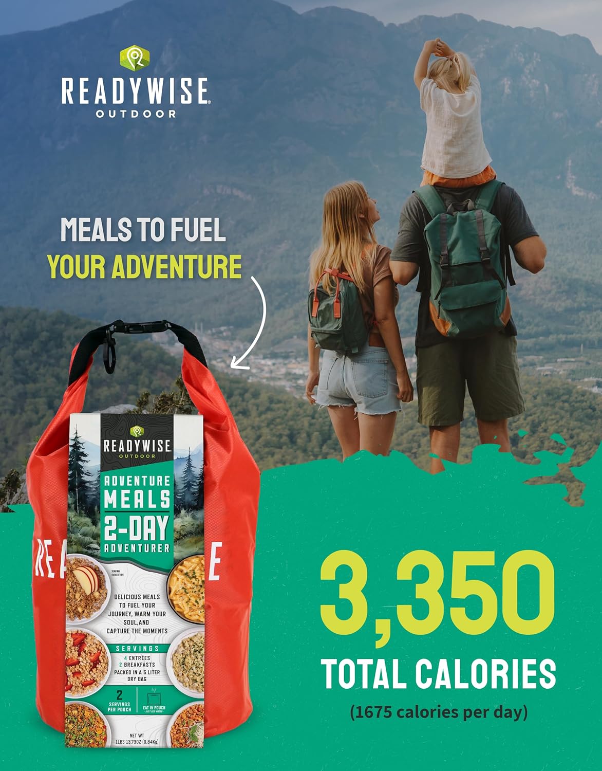ReadyWise 2 Day Outdoor Camping Meal - 12 Servings Dry Bag, Backpacking & Camping Essentials, Dehydrated & Freeze Dried Survival Food Kit, Hurricane Supplies Bug Out Bag, Up to 15 Year Shelf Life