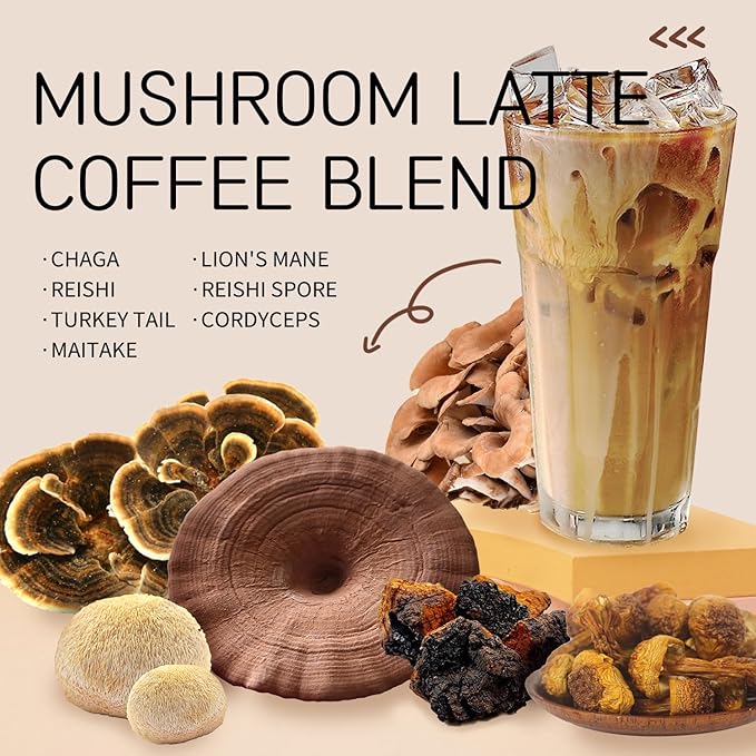 GANOHERB 7 in 1 Mushroom Coffee Mix, Instant Latte Coffee Blend Nootropic Cafe Complex with Reishi, Lion’s Mane, Chaga, Turkey Tail, Maitake, Cordyceps for Energy Focus Immune Boost (10 Servings)