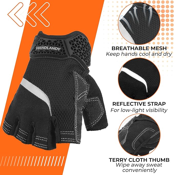 HANDLANDY Fingerless Work Gloves for Men, Half Finger Working Glove Grip Shock-Absorbing Breathable Uwrist TPR Anti-collision Gloves for Mens & Women (Black, L)