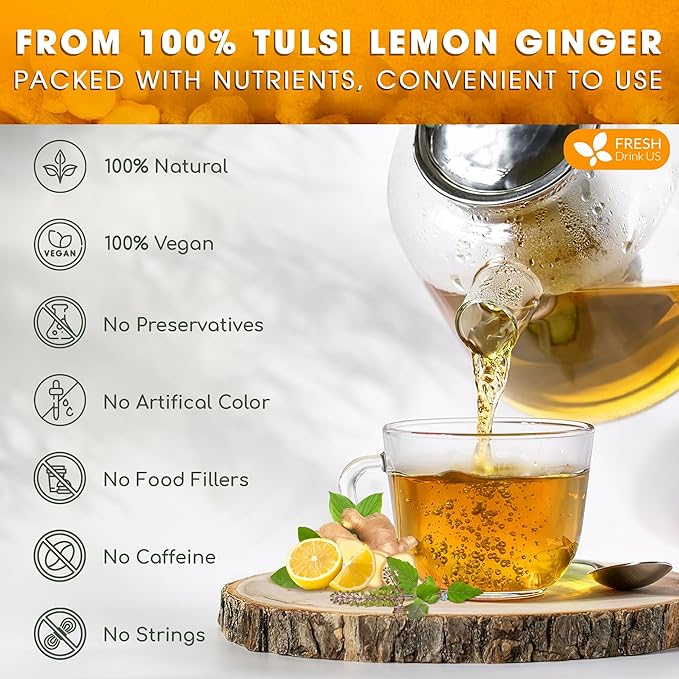 FreshDrinkUS, Premium 35 Tulsi Lemon Ginger Tea Bags, 100% Natural & Pure from Tulsi Holy Basil Leaves, Lemon and Ginger. Made with Natural Material Tea Bags. No Sugar, No Caffeine, Vegan.