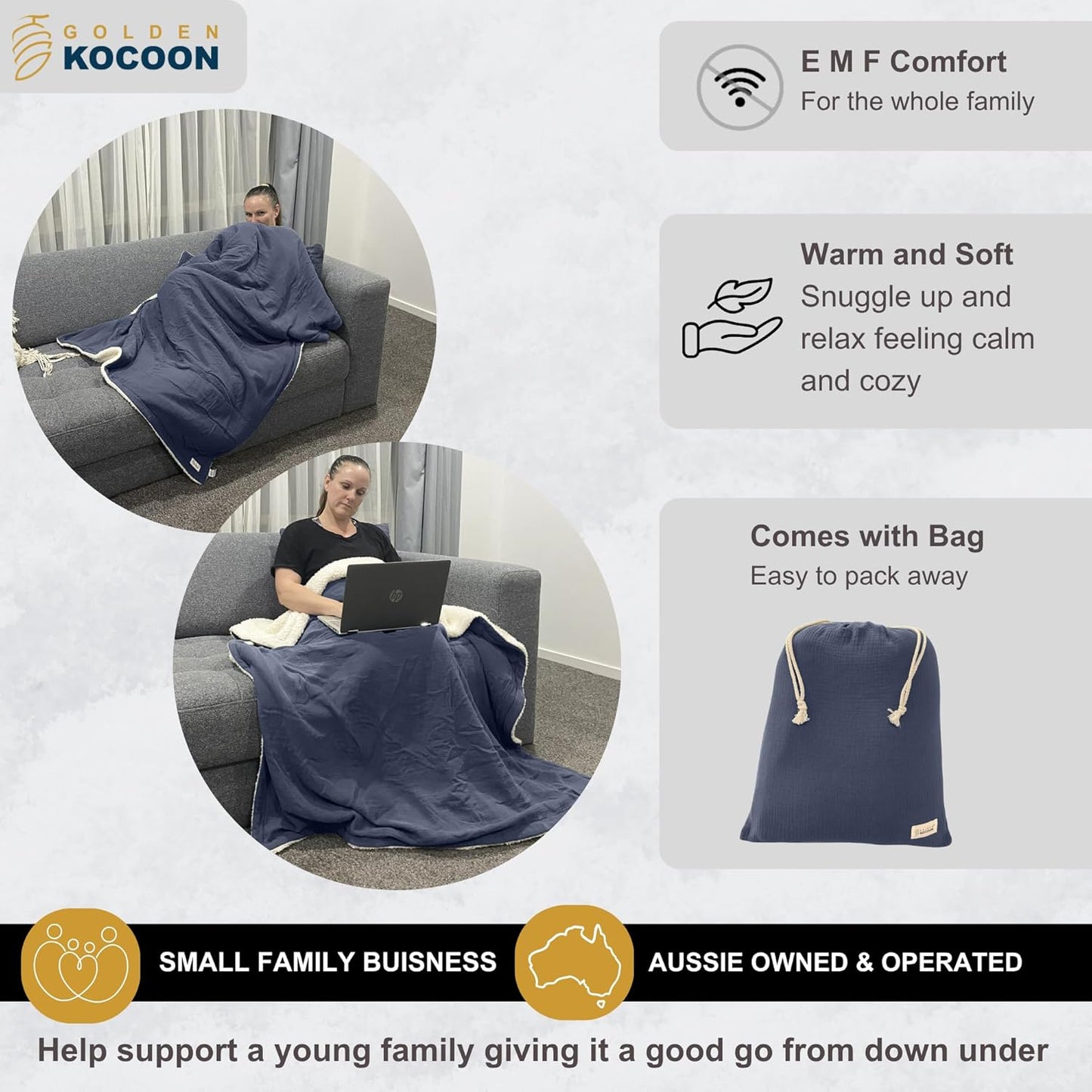 E-M-F Blanket - Organic Cotton Crepe & Sherpa Blanket, with EcoMesh™ Faraday Silver Liner - Size 48x59 inch (122cm x 150cm) - ideal for everyday 5 G, B T, Smart Meter & Wi Fi environments