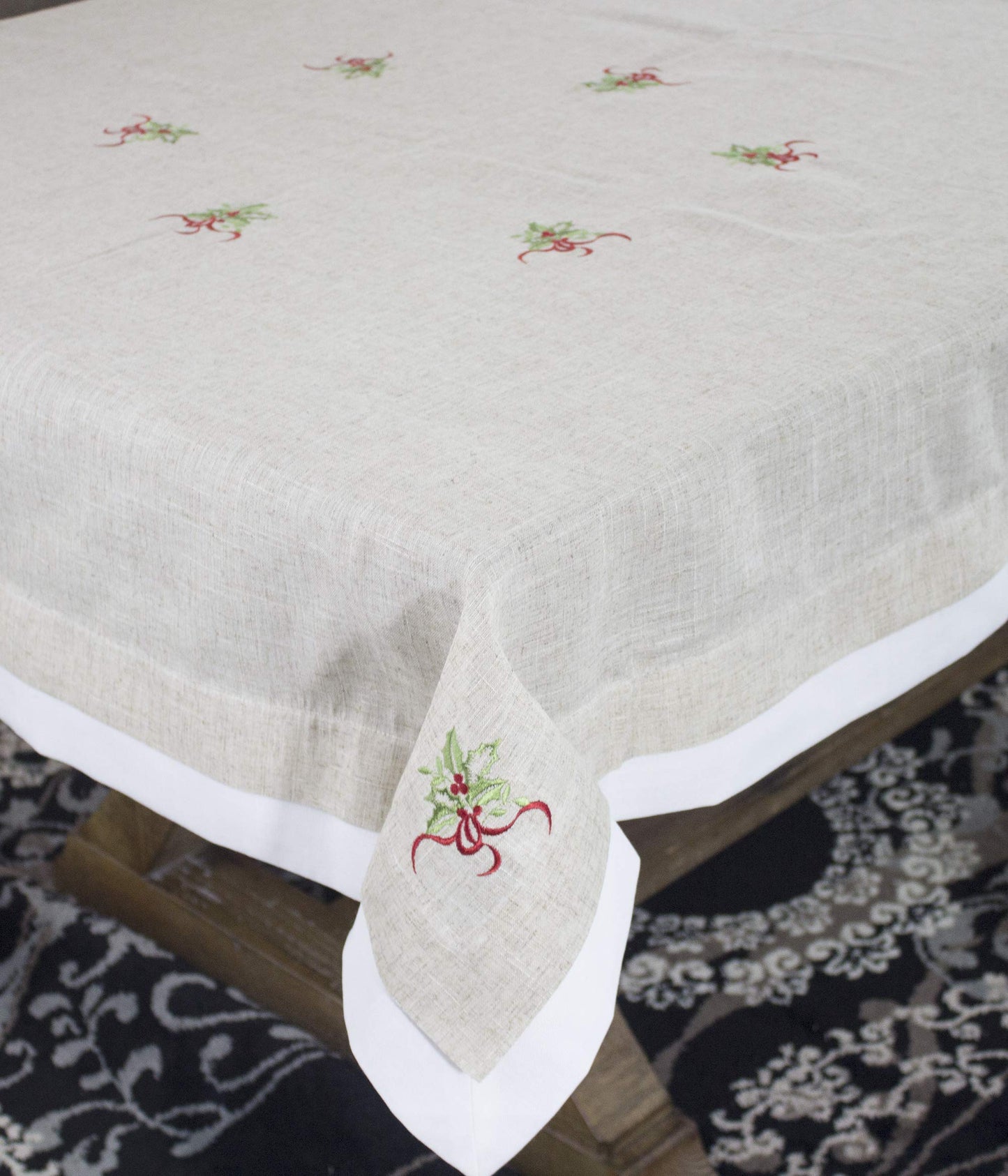 Fennco Styles Embroidered Holly Christmas Tree Double-Layer Holiday Tablecloth