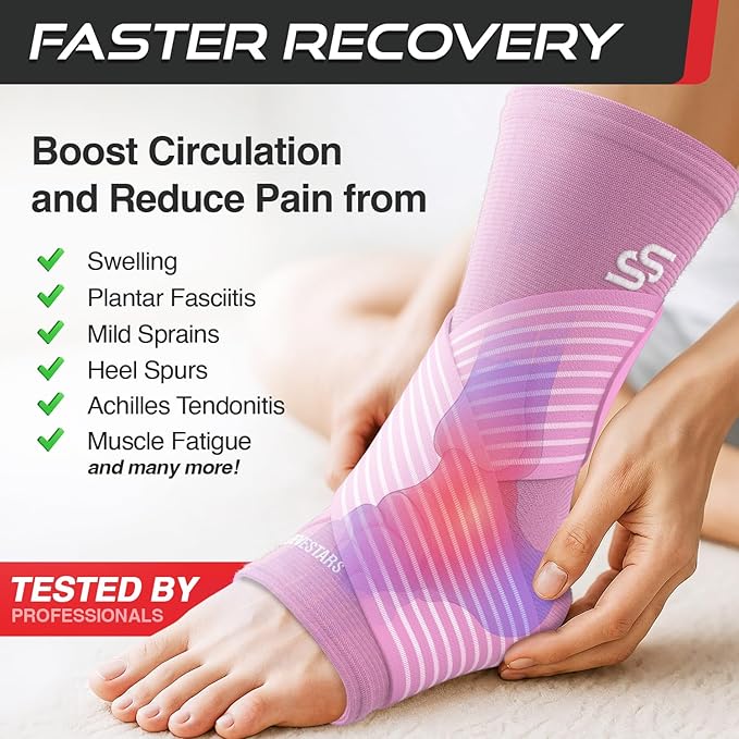 Sleeve Stars Ankle Brace for Women & Men, Ankle Wrap for Sprain, Compression Sleeve for Plantar Fasciitis Relief, Easy Customizable Support: w/ Removable Strap (Pair/M:10"-12"/Baby Pink)
