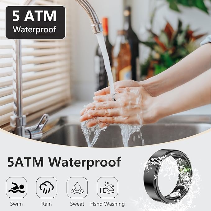 Thin Smart Ring for Fitness & Health Tracking -Pedometer,Sleep/Heart Rate/Blood Oxygen Monitor, Gesture Control / 5ATM Waterproof -No APP Subscription Compatible with Android& iOS (Black, 9)