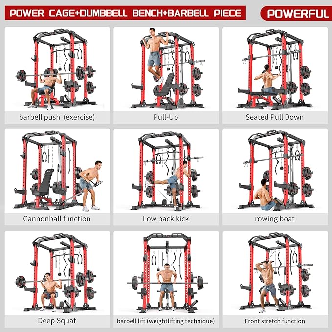 Power Cage,1600lbs Multi-Function Power Rack with Adjustable Cable Crossover System and More Training Attachment, Weight Cage for Home Gym