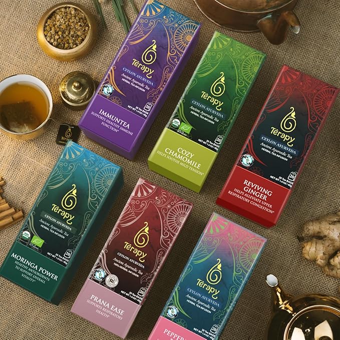 Térapy Ceylon Stomach Ease Herbal Tea Bags | Soothes Stomach & Supports Healthy Digestion | All Natural Ayurvedic Ingredients Including Peppermint, Ginger, Licorice | 18 Individually Wrapped Tea Bags