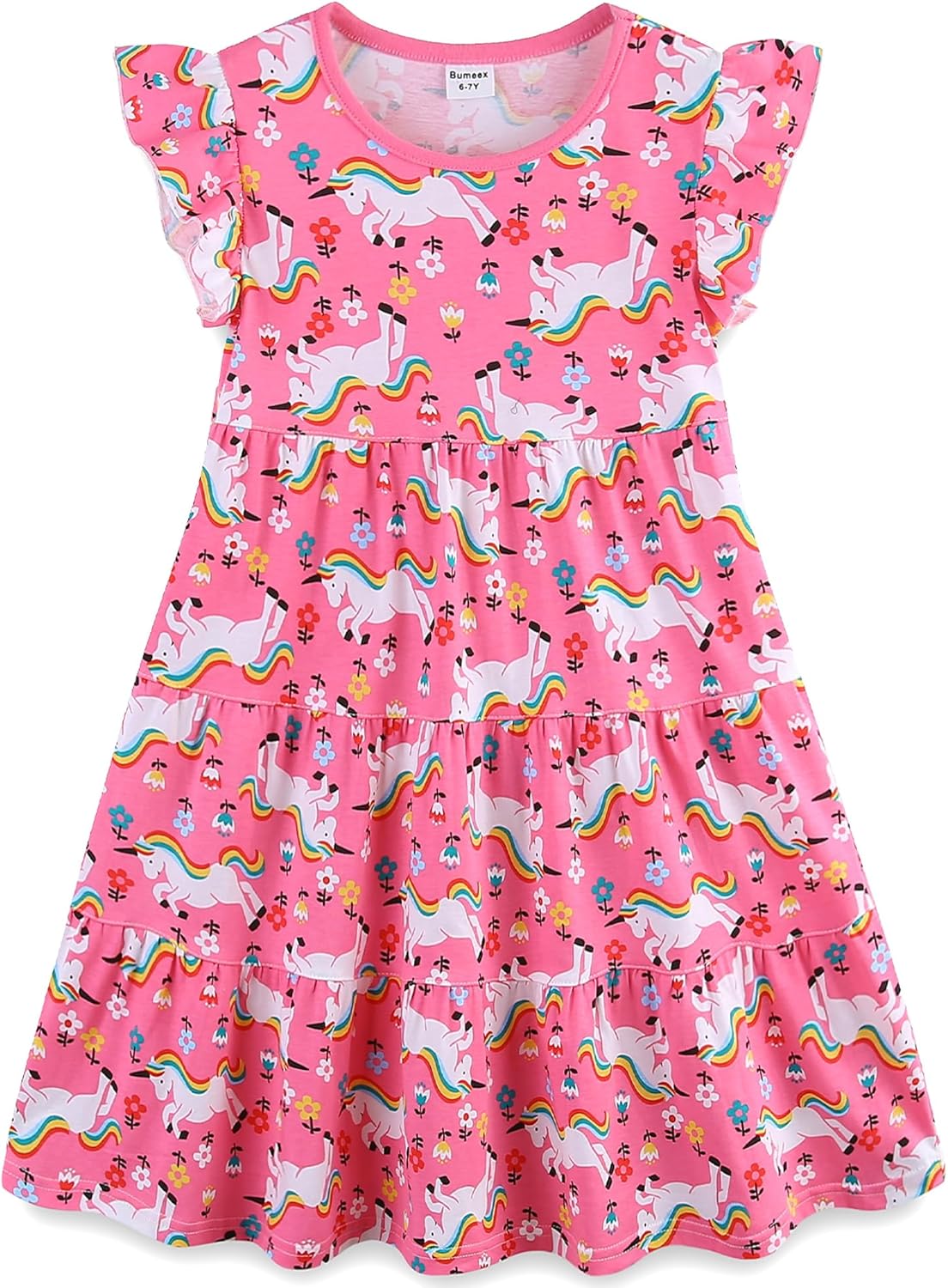 Girls Cotton Dress - Ruffle Sleeve Tiered A-Line Midi Sundress