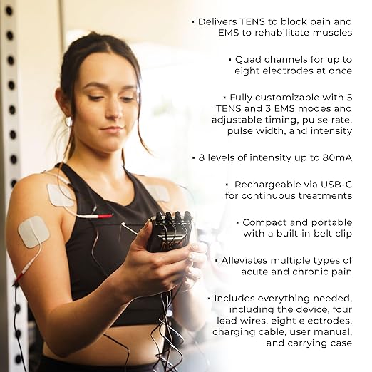 TENS 7000 Pro Rechargeable Tens Unit Muscle Stimulator, 4 Channels, Back Pain Relief, 8 Electrodes/Unit Pads, EMS and TENS Machine, Muscle Recovery & Growth, Stim Machine, Electrotherapy