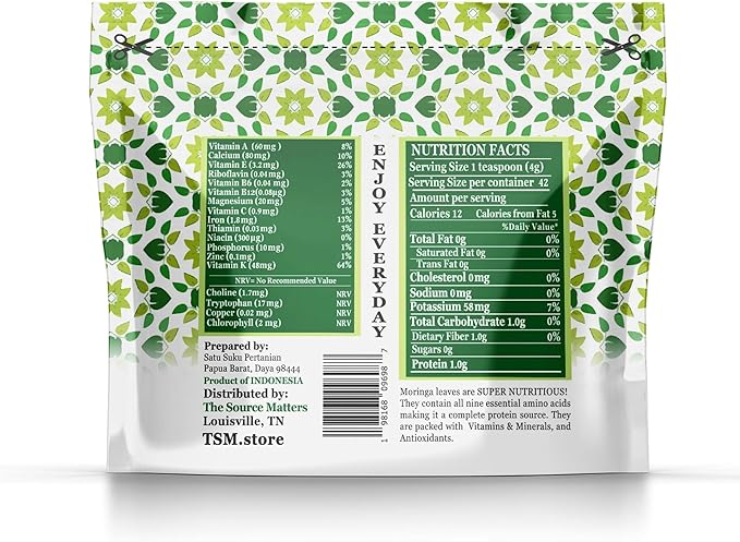 Organic Moringa Leaf Powder | Fresh-Dried Superfood From Indonesia | USDA Certified Organic | Ideal For Blending Into Smoothies, Teas, or Juice - 170g Bulk Pouch (42 Servings)