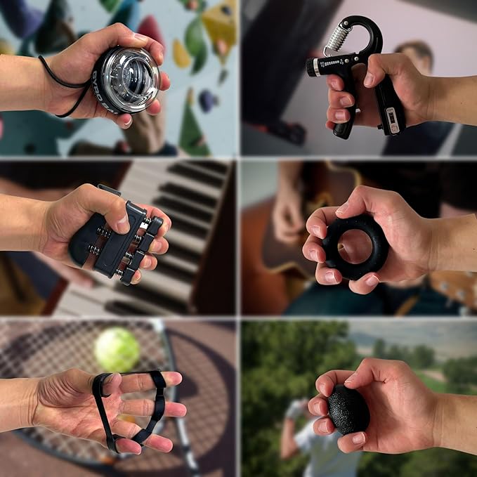 Hand Grip Strengthener Workout Kit (8 Pack) Forearm Grip Adjustable Resistance Hand Gripper, Finger Stretcher, Finger Exerciser, Grip Ring，Gyro Ball