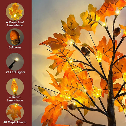 SURCVIO 2 Pack 24in Prelit Fall Maple Tree Decorations 48 LEDs Timer Battery