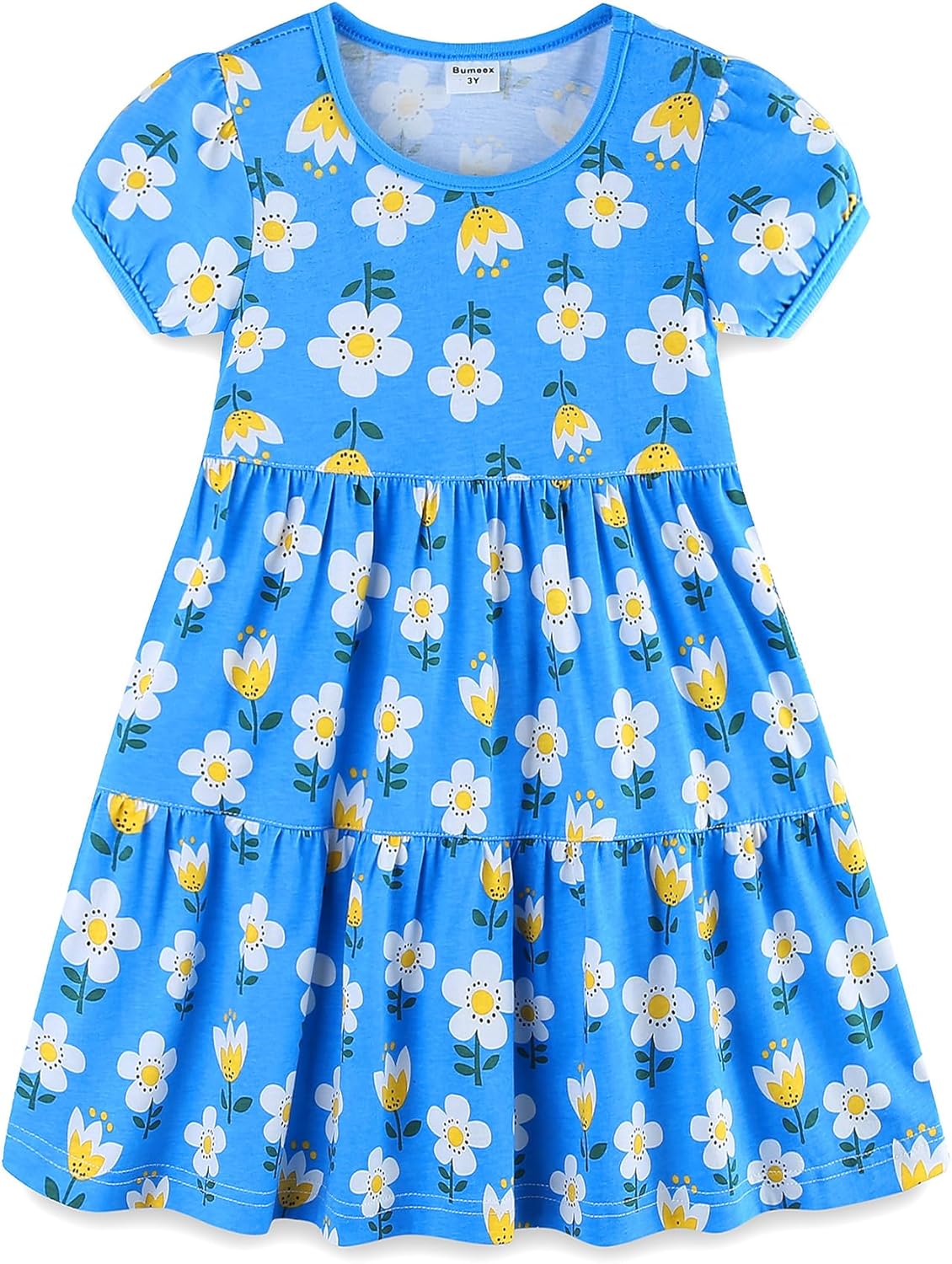 Girls Cotton Dress - Ruffle Sleeve Tiered A-Line Midi Sundress
