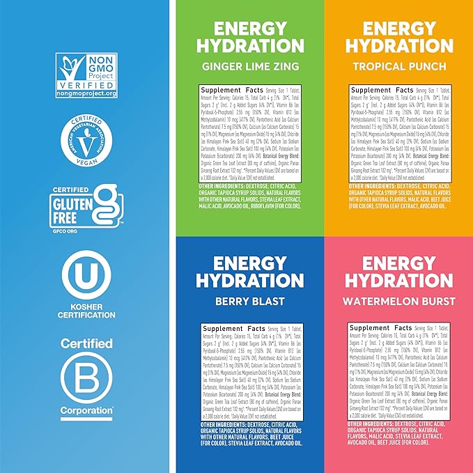 Nuun Energy Electrolyte Tablets with Ginseng, Caffeine from Green Tea Extract, Vitamin B12, B6, B5, Magnesium & 4 Other Electrolytes, Gluten Free & Vegan, Mixed Flavors, 4 Pack (40 Servings Total)
