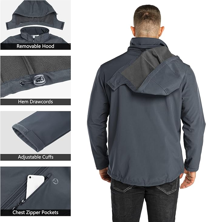 Outdoor Ventures Men's Lightweight Softshell Jacket Fleece Lined Hooded Water Resistant Winter Hiking Windbreaker Jackets