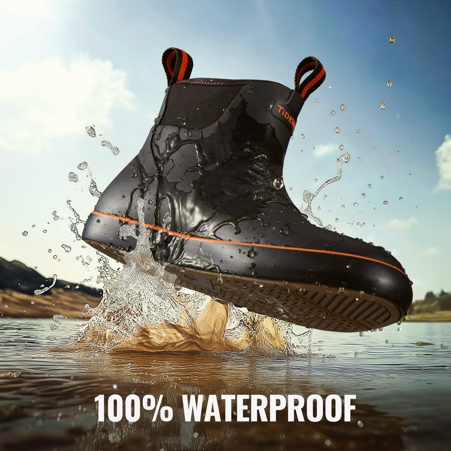 TIDEWE Deck Boots for Men, Waterproof Fishing Boots, Slip On Neoprene Rubber Ankle Rain Boots for Boating (Black Orange, Light Grey & Grey Brown, Size 7-14)