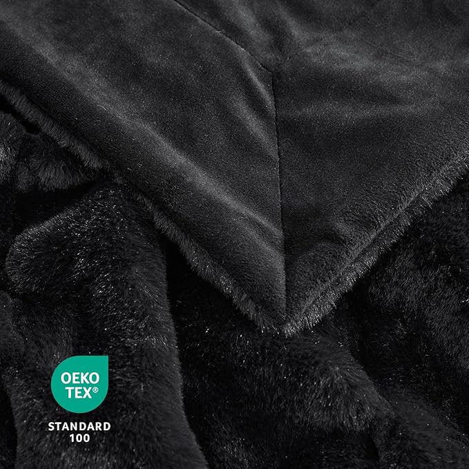 Cozy Bliss Faux Fur Throw Blanket for Couch, Cozy Warm Plush Striped Blanket for Sofa Bedroom Living Room, Black