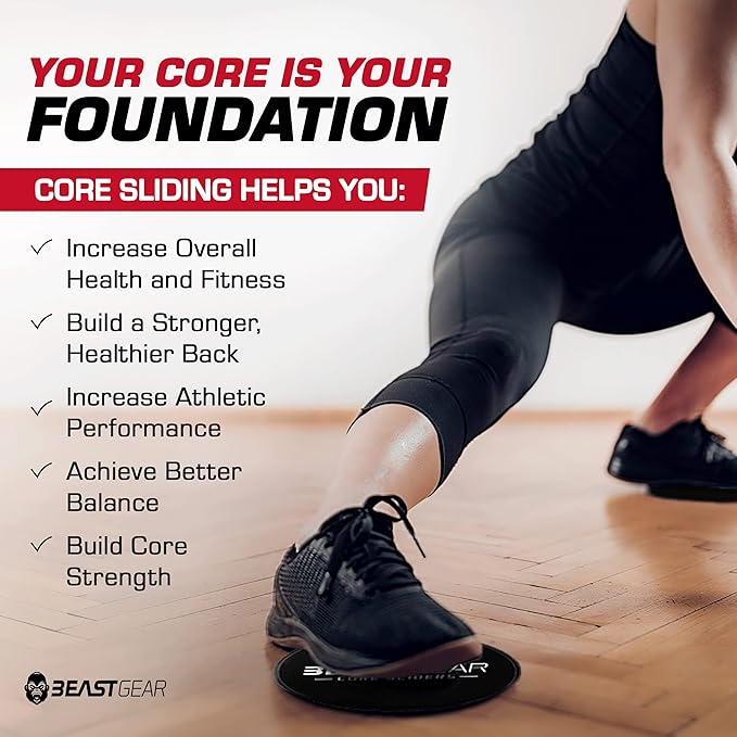 Core Sliders by Beast Gear – Double Sided Gliding Discs for Abdominal Exercises - Carpet and Hard Floors