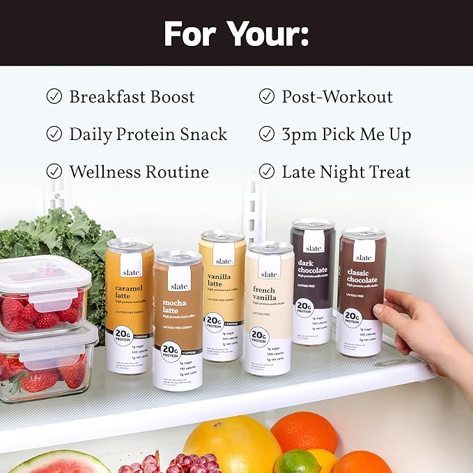 Slate Milk - High Protein Milk Shake - French Vanilla - Lactose Free, 20g Protein, 1g Sugar, 100 Calories, 1g Net Carbs, No Added Sugar - Natural, Breakfast Boost, Post Workout - 11 fl oz, 12 Cans