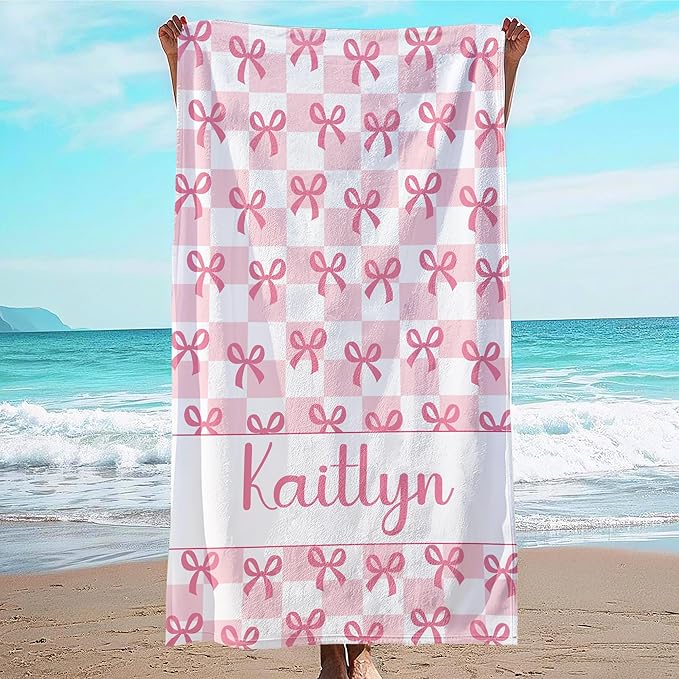 JML Personalized Beach Towel with Name, Custom Beach Towel with Text, Customized Bow Microfiber Pool Towel, Quick Dry & Absorbent Swim Towel for Adult,Anniversary, Birthday, Summer Holiday,Vacation