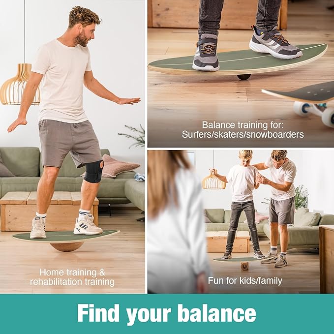 Board - unique board incl. corc roller, corc hemisphere and balance ball - surf balance board - balance training - balance board kids - balance board wood