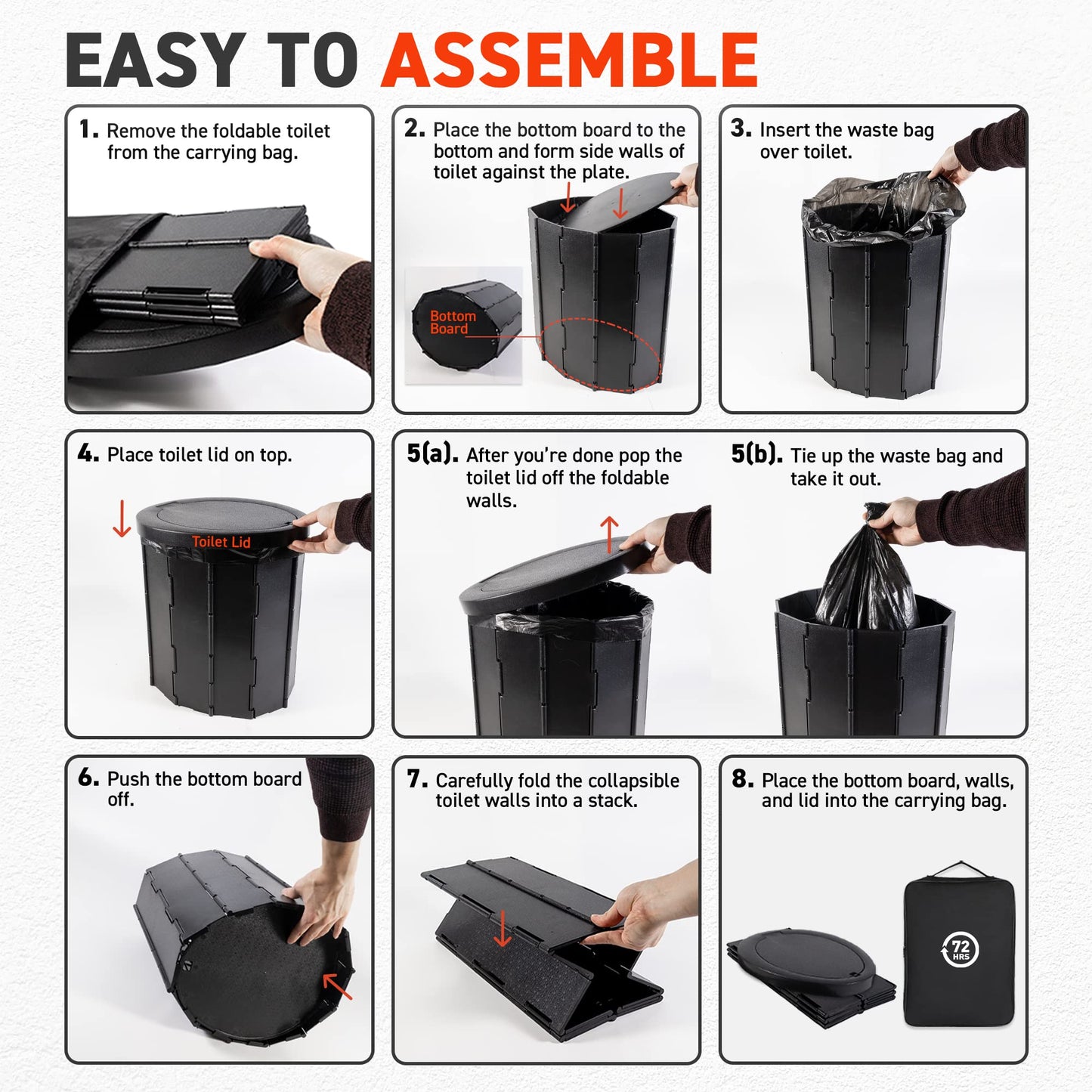 72 HRS Portable Collapsible Camp Toilet - Extra Large, Lightweight & Sturdy (With 12 Toilet Bags)