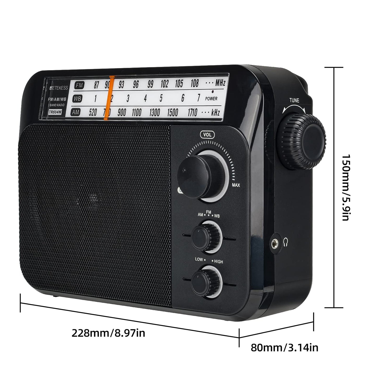 Retekess TR604 AM FM Radio,Portable Radio Plug in Wall,D Battery Operated,Large Dial,High/Low Tone Mode,Big Speaker,Earphone Jack,for Home,Picnic,Senior