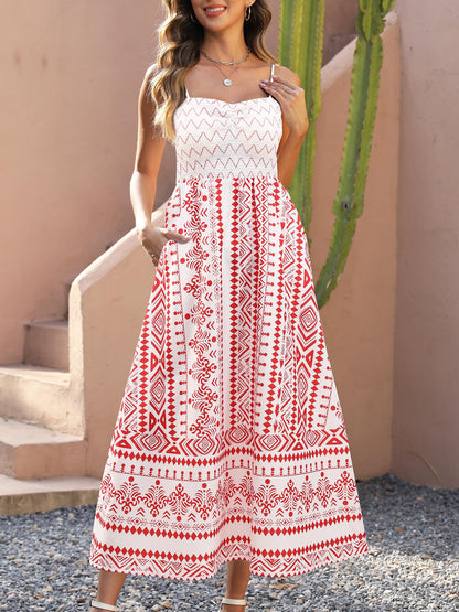 Gardenwed Women's Floral Maxi Dress Spaghetti Strap Smocked Bodice Red Size L