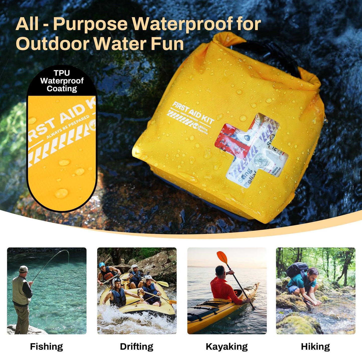 RHINO RESCUE Waterproof Boat First Aid Kit, Lightweight Boat Accessories Dry Bag, Emergency Marine Survival Supplies for Outdoor Kayak, Fishing, Floating, Swimming, Beach & Camping (Yellow)