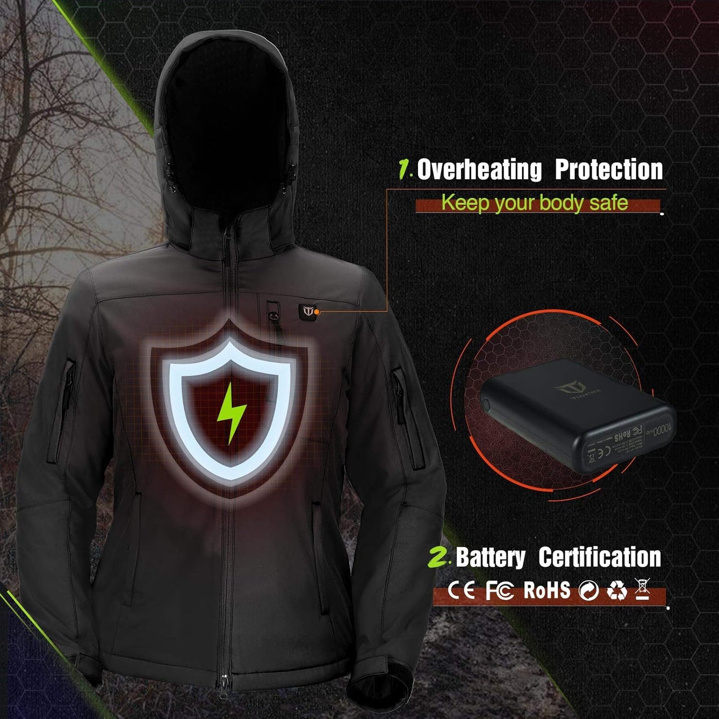 TIDEWE Heated Jacket for Men with Battery Pack (Black, Camo, Size S-XXXL)