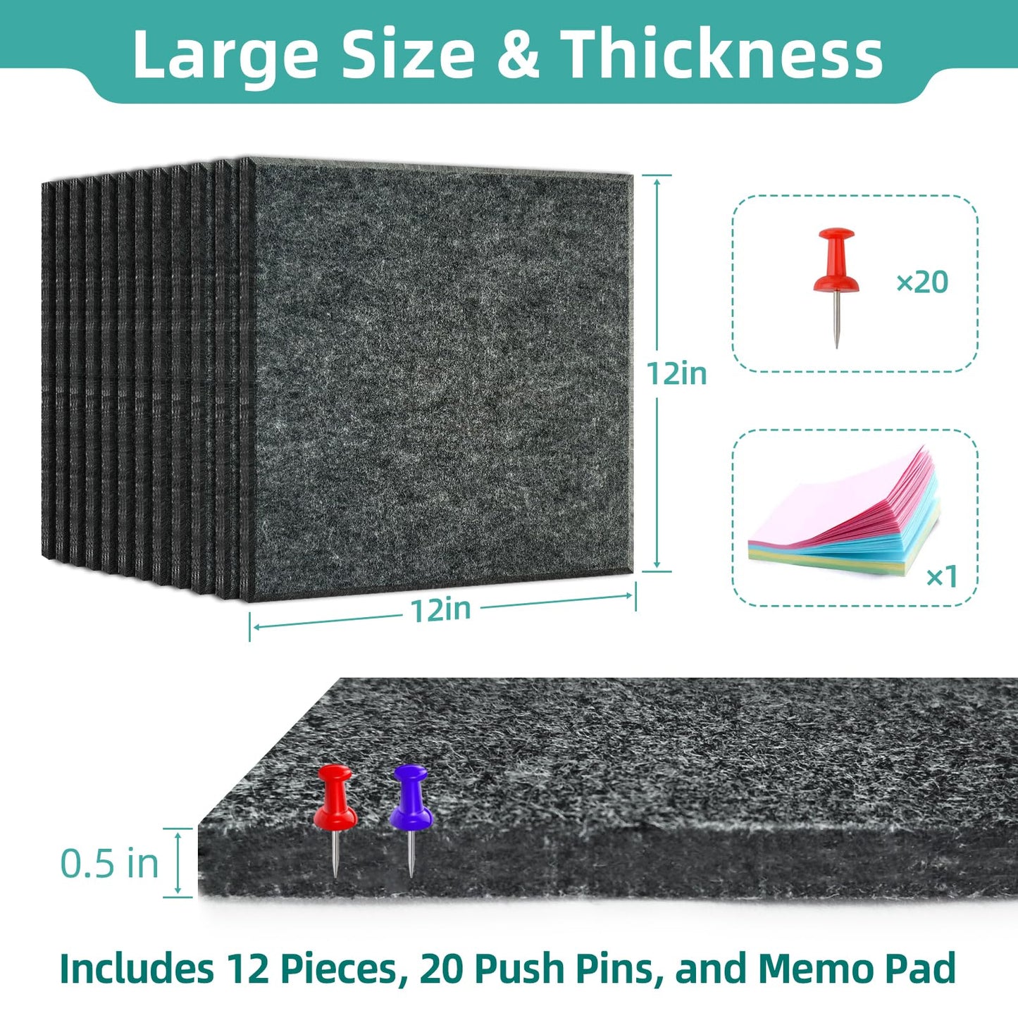 URMMIY Large Cork Board 12 Pack Felt Wall Tiles 47x35in Gray with Push Pins