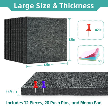 URMMIY Large Cork Board 12 Pack Felt Wall Tiles 47x35in Gray with Push Pins