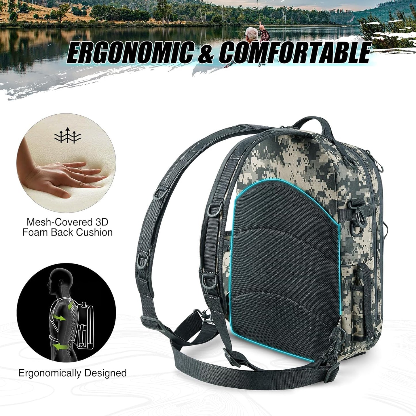 Piscifun Fishing Backpack with Rod Holder, Lightweight Sling Bag Storge Gear and Equipment