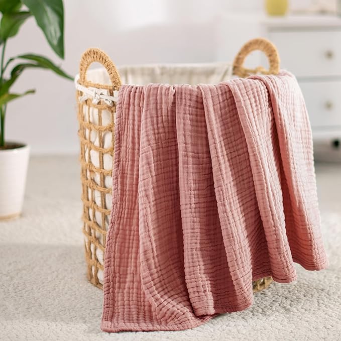 Carriediosa 100% Cotton Muslin Throw Blanket 90" X 90" Queen Size，4-Layers Summer Gauze Throws for Bed Couch，Soft Lightweight Breathable Linen Blankets Bedspread for Adults All Season，Mauve