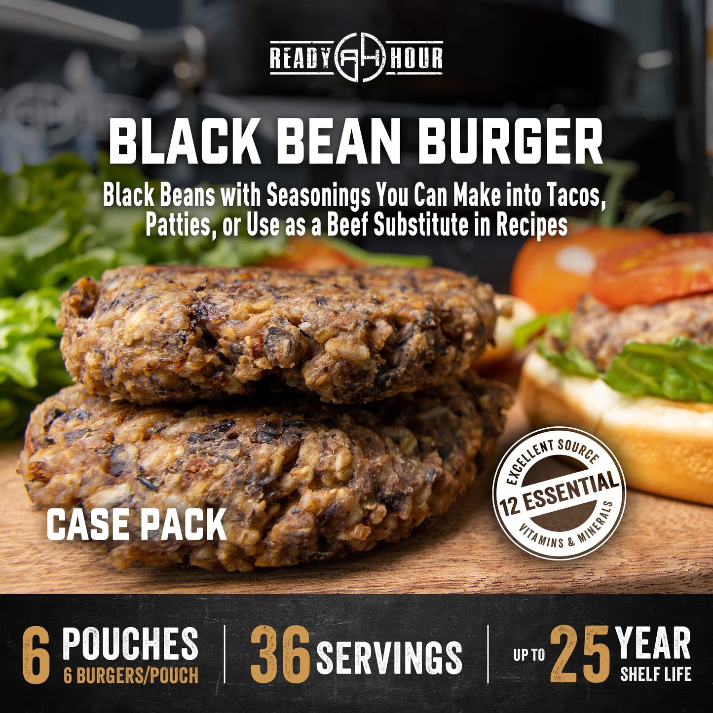 Ready Hour Black Bean Burger Mix Case Pack – 36 Servings (6 Pouches) – Emergency Vegetarian Food, Long Term Storage, Shelf-Stable Veggie Burger, Survival Food Mix