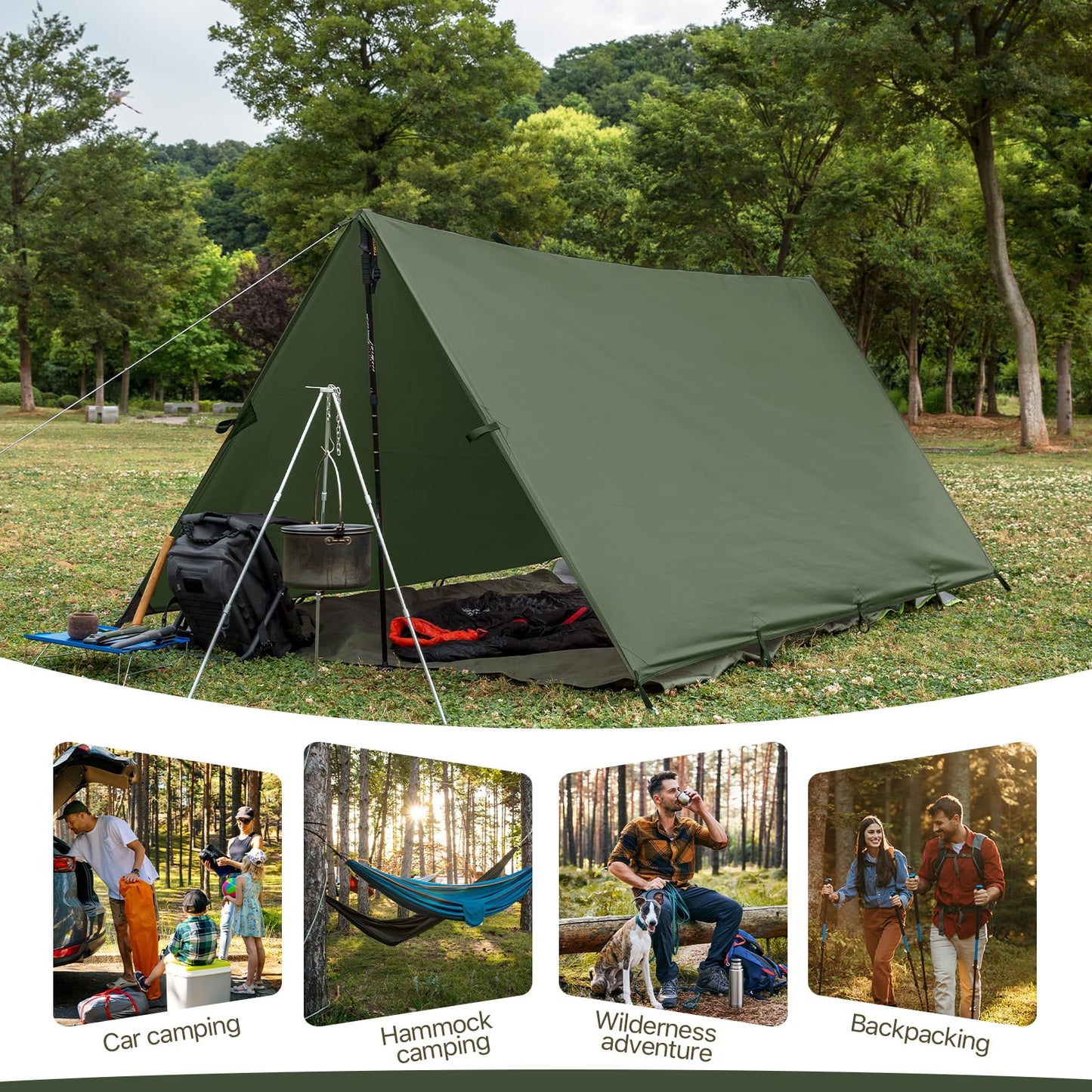 Camping Tarp Tent Portable Multifunctional Bushcraft Backpacking Tear-Resistant Fabric Rain Fly Tarps Awning Shelter Lightweight Waterproof Tarp(10×10 tarp)